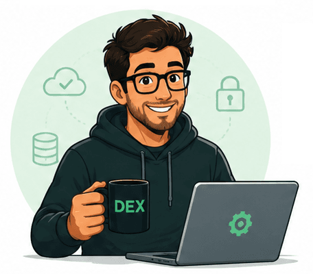 Dex, your AI systems administrator, at his desk